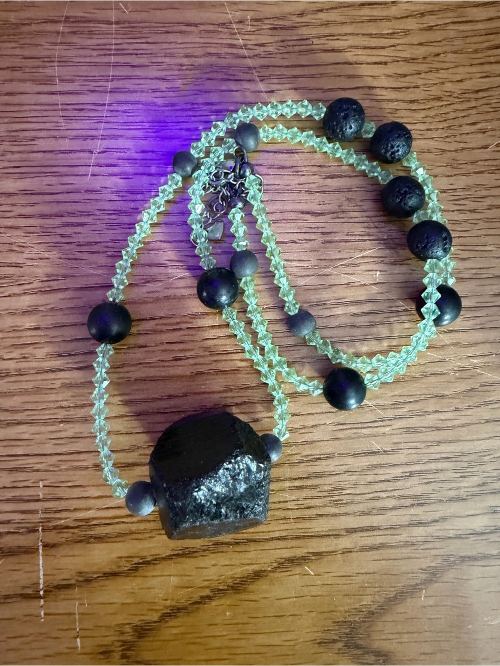 Handcrafted Black Tourmaline & Light Green Crystals/ essential oil beads